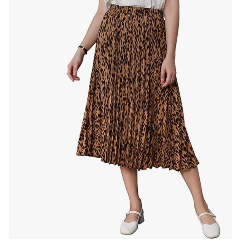 CHARTOU A Line Leopard Print Pleated Shirring Midi-Long Skirt NWT XL